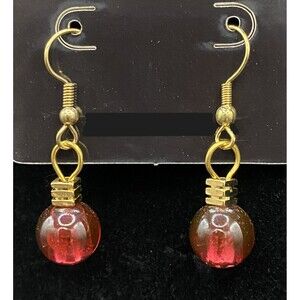 Handmade Ornament Red Maroon Glass Bead Gold Tone Earrings by Neanie-Bot
